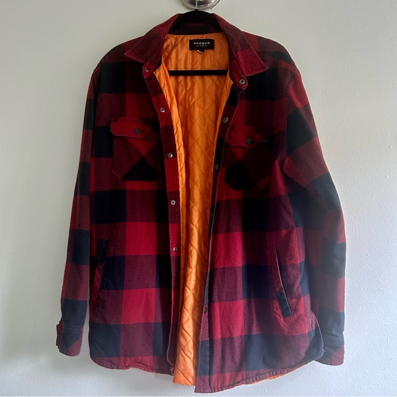 Pac Sun Insulated black and red Flannel Jacket Size Large - Picture 1 of 5